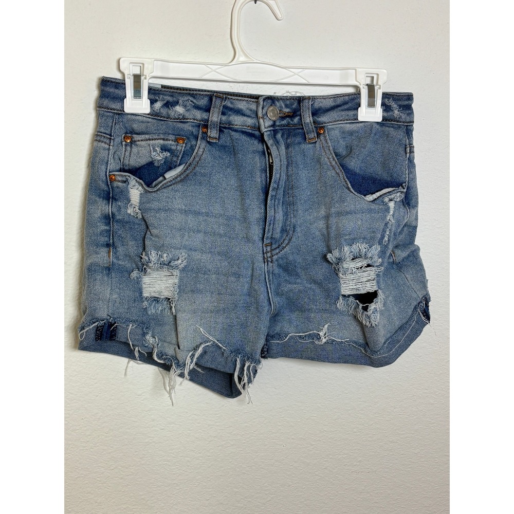 Almost Famous Distressed Denim Shorts Medium Wash Raw Hem Size 7